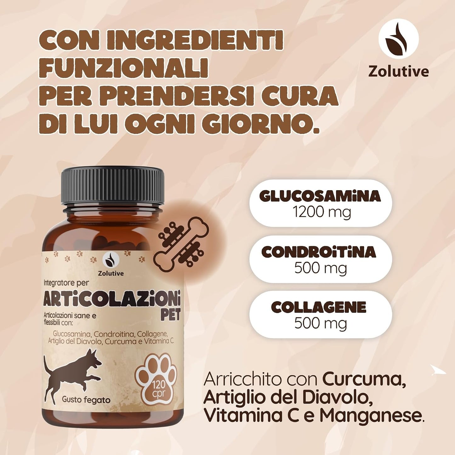 Integratore Articolazioni Cane 120 Compresse con Glucosamina, Condroitina, Curcuma, Artiglio del Diavolo, Vitamina C