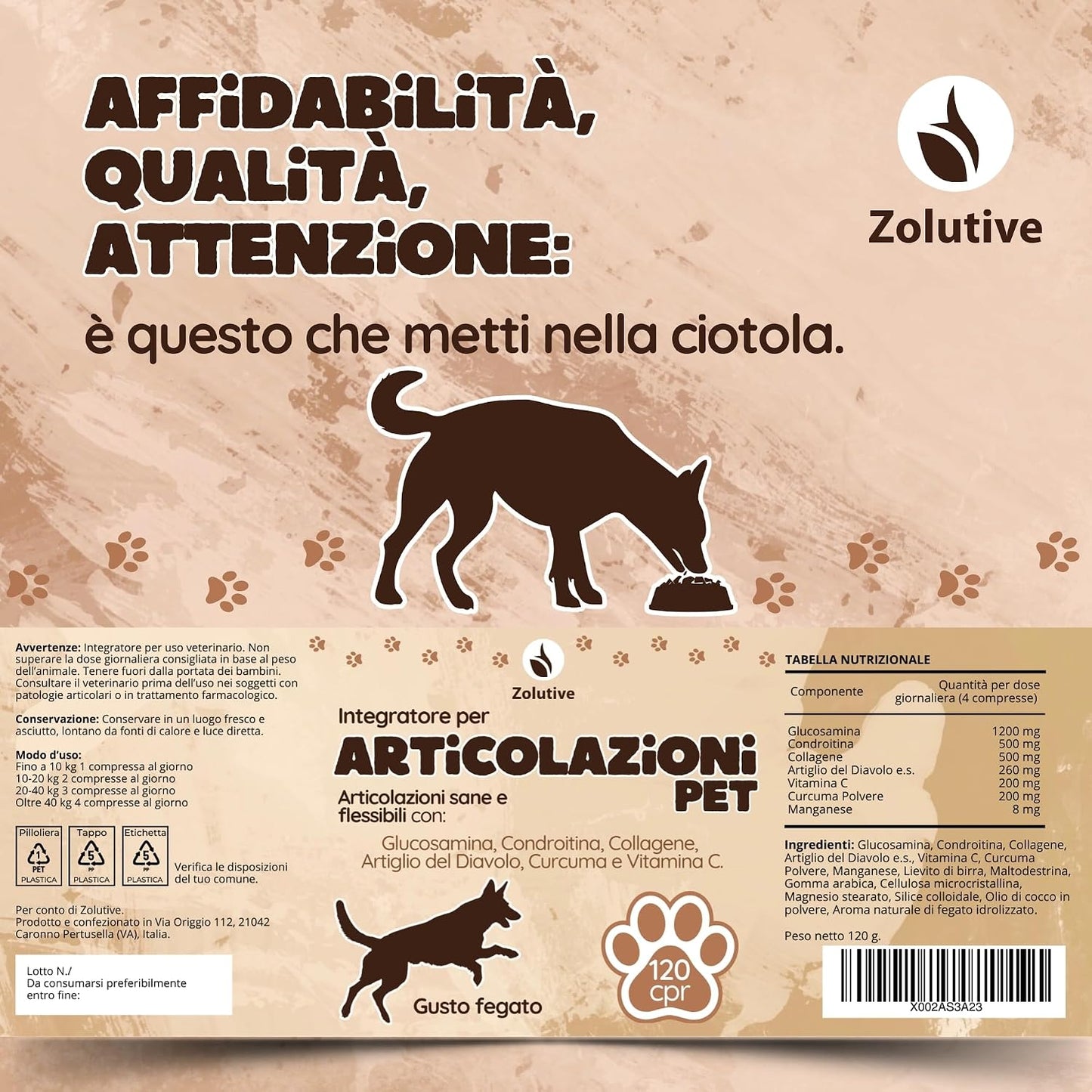 Integratore Articolazioni Cane 120 Compresse con Glucosamina, Condroitina, Curcuma, Artiglio del Diavolo, Vitamina C